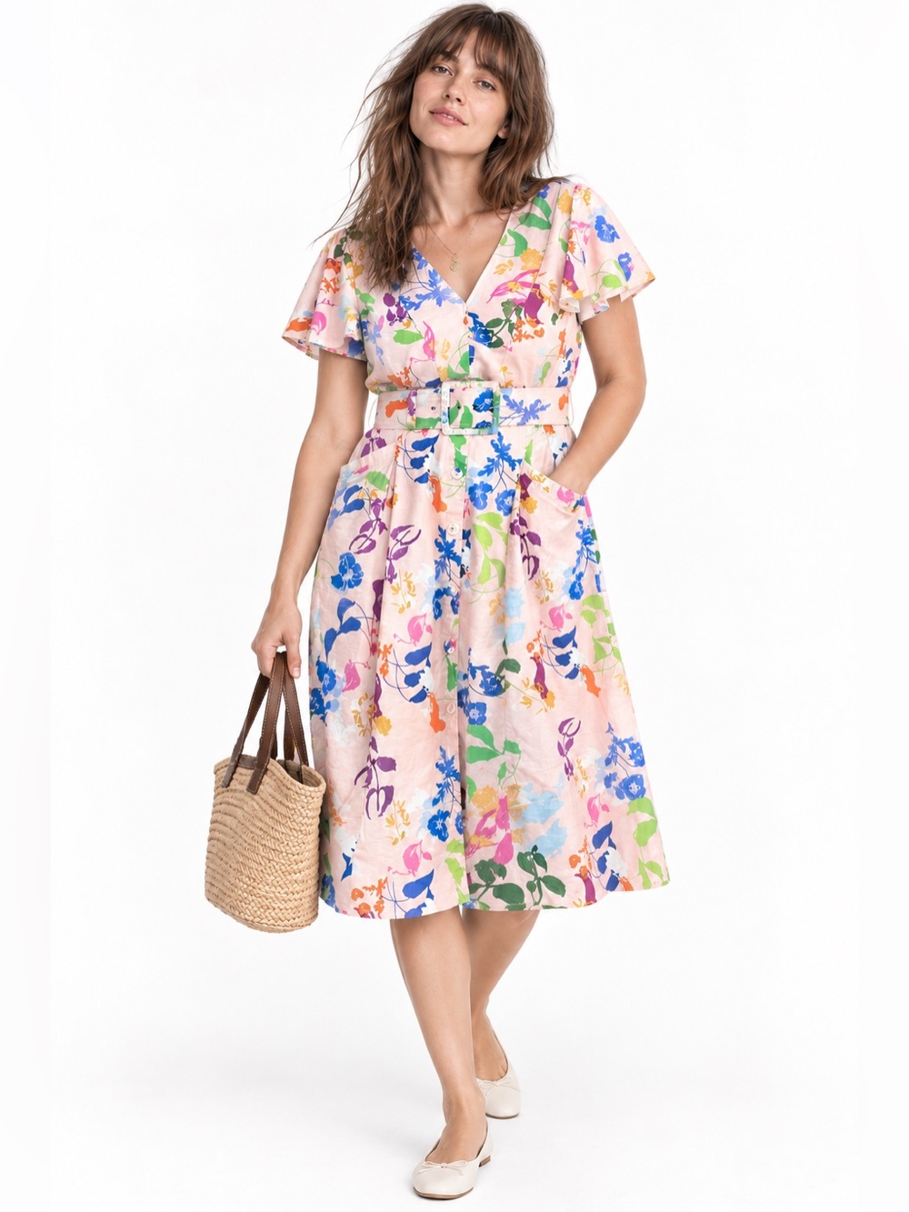 Tanya Taylor Pink Multicolor Floral Belted Midi Dress Size 14